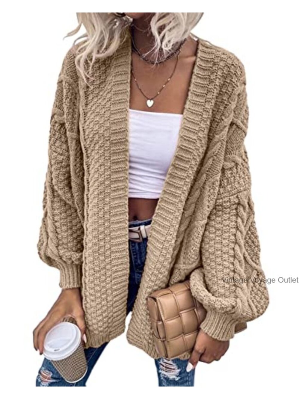 Cable Knit Lantern Sleeve Oversized Cardigan Sweater